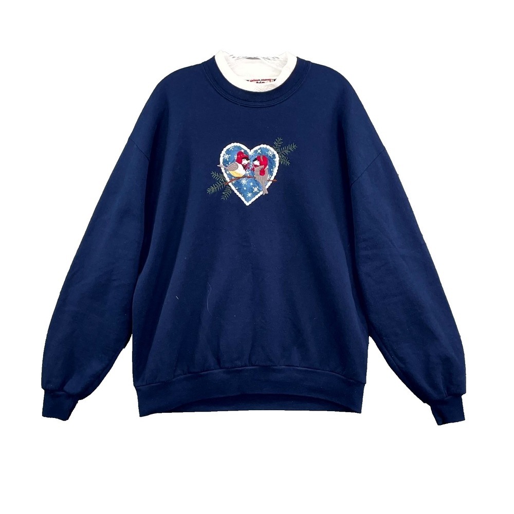 Vintage Top Stitch Sweatshirt Womens XL Blue Embroidered Heart Birds Fleece Warm